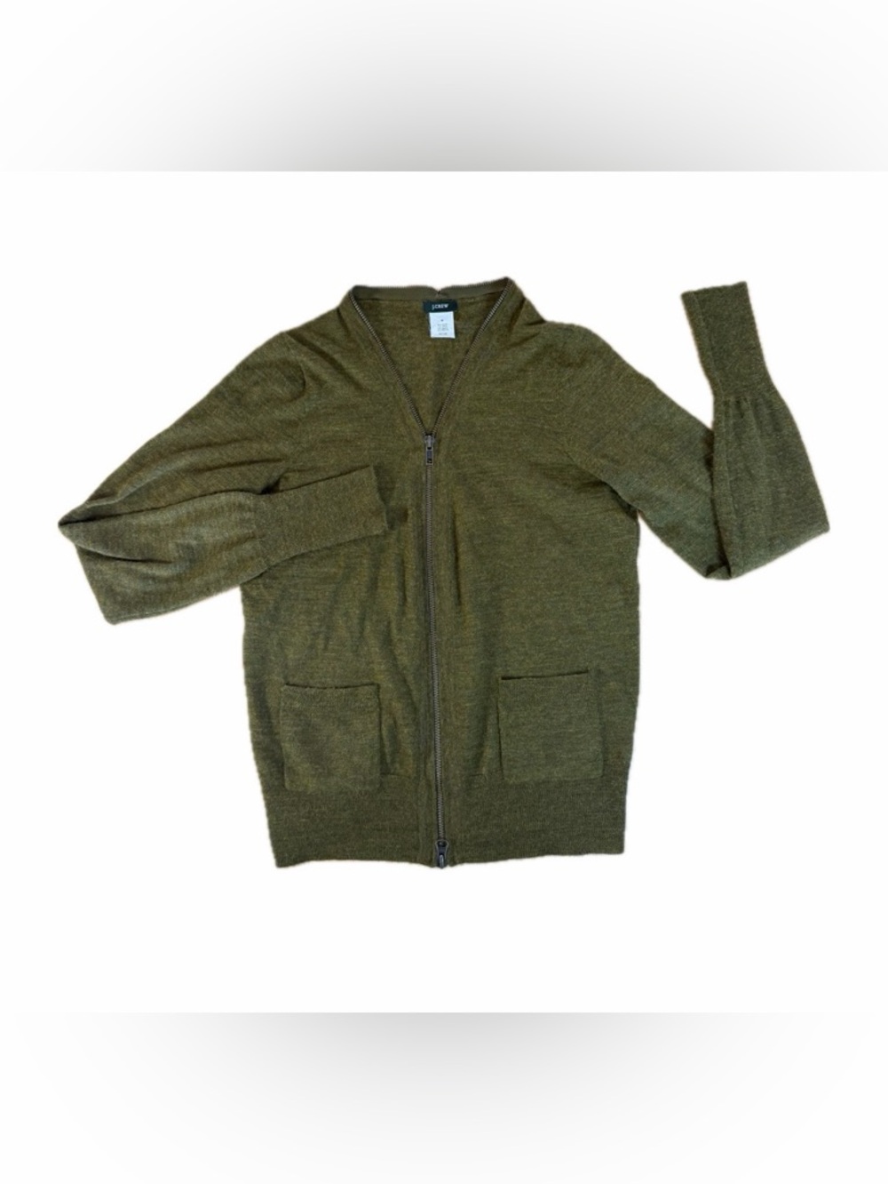 J.Crew Olive Green Zip-up Cardigan Sweater Wool Blend, Size Medium (Runs Small)